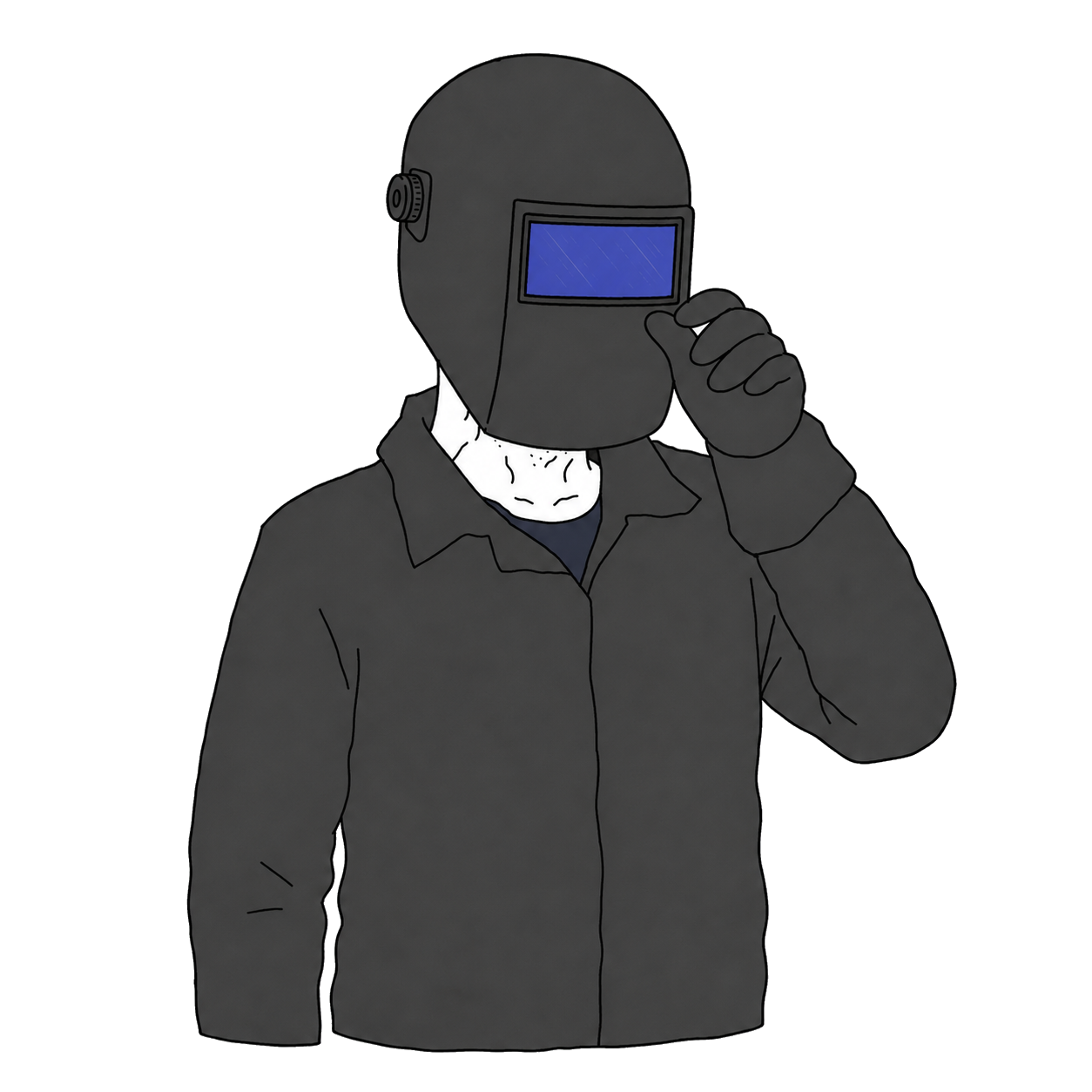 The welder with his helmet lowered