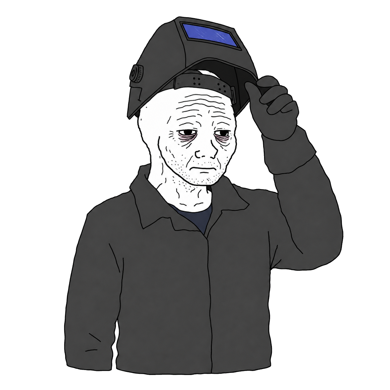 A tired Wojak welder lifting his welding helmet